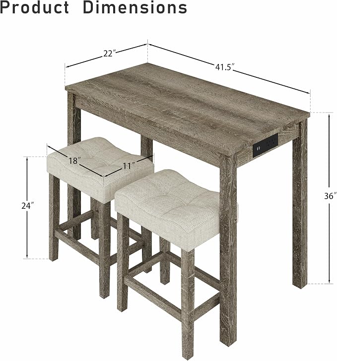 allamazing 3-Piece Counter Height Bar Table Set with Socket and 2 Fabric Padded Bar Stools, Tall Kitchen Breakfast Dining Table Set with Stools (1+2 Natural) - Image 2
