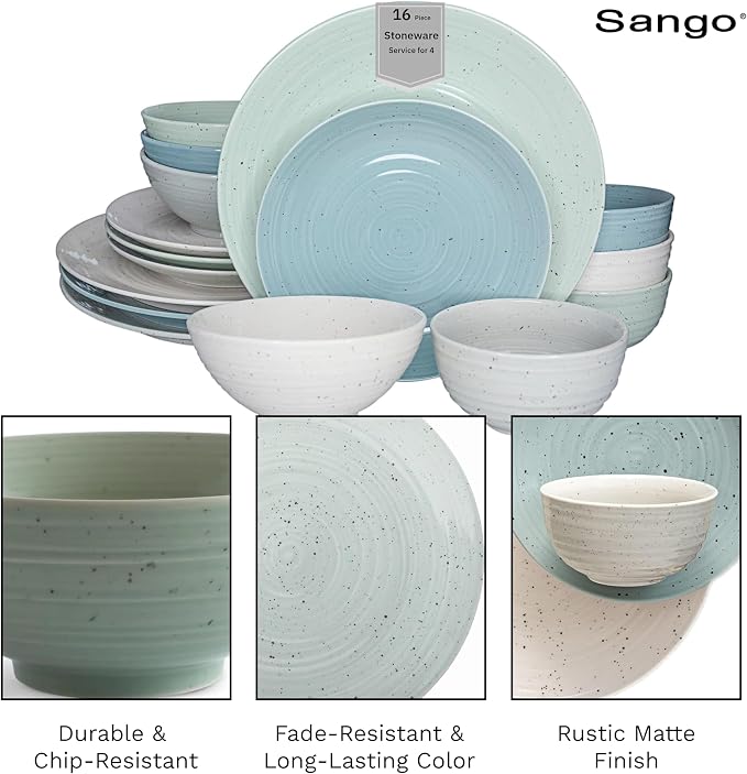 Sango Siterra Artist's Blend 16-Piece Stoneware Dinnerware Set for 4, Green, Cream & White Glossy Dishes with Speckles, Ceramic Plates and Bowls Sets for Everyday Dining, Microwave & Dishwasher Safe - Image 8