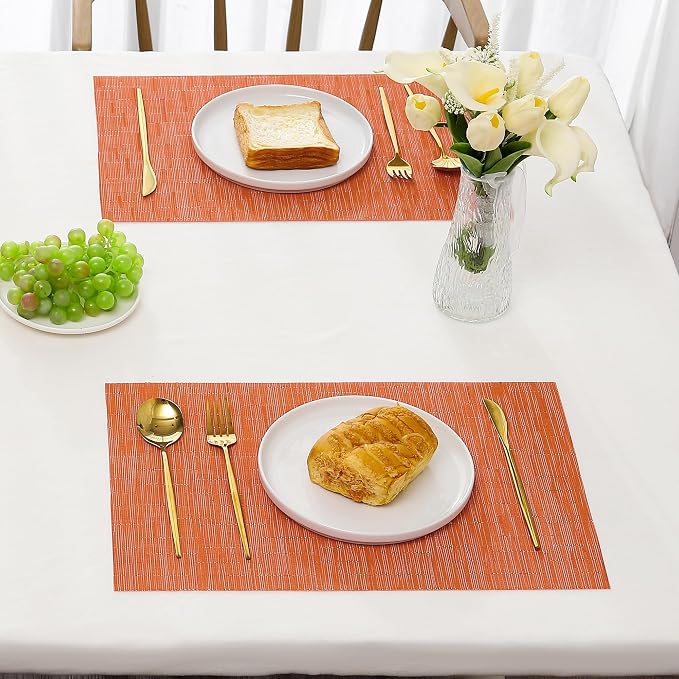 Leetaltree Orange Placemats Set of 8 - Heat Resistant Non-Slip Place mats for Dining Table, Washable Durable PVC Vinyl Woven Table Mats（Orange, 8） - Image 8