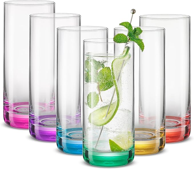 JoyJolt Hue Highball Glasses Set of 6 Tall Drinking Glasses, 13oz Bourbon Whiskey Glass Cups Set, Mojito Glass Tumbler also for Tom Collins Cocktail or Water, Colored Glassware Sets by JoyJolt