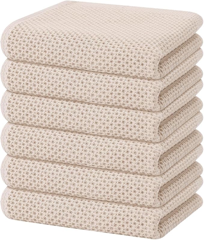Homaxy 100% Cotton Waffle Weave Kitchen Dish Towels 6-Pack, Beige | 13 x 28 Inches, Ultra Soft Absorbent Dish Towels, Quick Drying Cleaning Towels by Homaxy