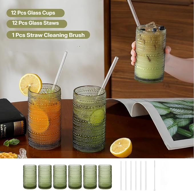 16oz Green Hobnail Drinking Glasses with Straws Set of 12, Highball Glasses Cups, Kitchen Water Glasses Cup, for Cocktail, Juice, Whiskey, Milk and Various Mixed Drinks - Image 3