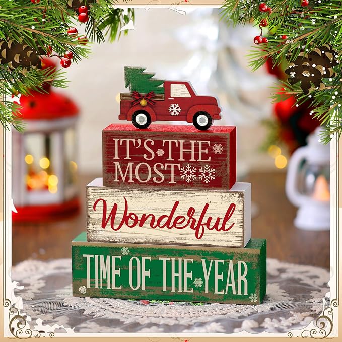 Moucuny 4 Pcs Christmas Decor Wooden Red Truck Winter Tiered Tray Decor Rustic Merry Christmas Table Centerpiece Wood Red Truck Block Sign Gift Farmhouse for Home Kitchen Tabletop Office Shelf - Image 2