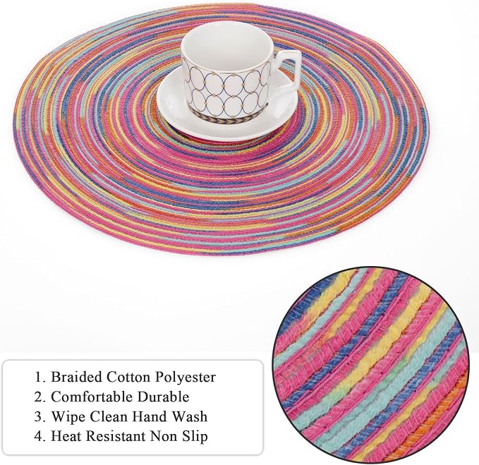 SHACOS 15 inch Round Placemats Set of 6 Variegated Multicolor Place Mats Cotton Polyester Braided Non Slip Washable Heat Resistant Table Mats for Home Wedding Dinner Party Table Decor, Rainbow Pink - Image 2