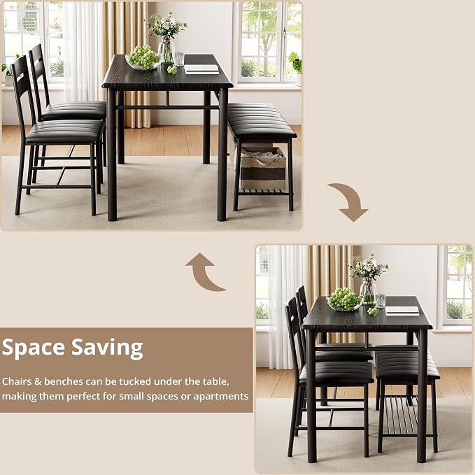 IRONCK Dining Table Set for 4, Kitchen Table and Chairs Set, Black | Kitchen Table with Upholstered Bench and 2 Chairs for Small Space, Apartment - Image 6
