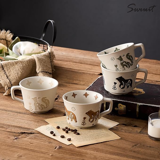 12 oz Vintage Ceramic Coffee Mug Set of 4 - Handmade Stoneware Pottery Countryside Farmhouse Fall Autumn Tea Mugs with Big Handle for Latte,Cocoa,Dishwasher & Microwave Safe Cups (Animals) - Image 2