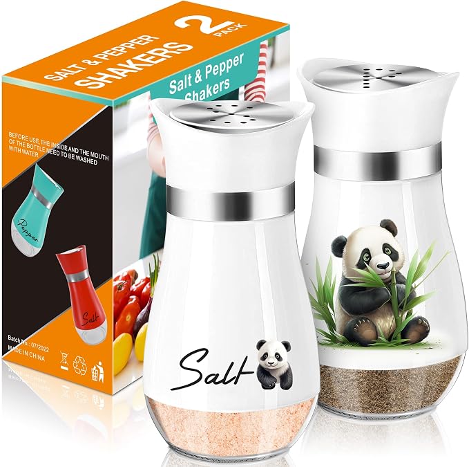 Panda Salt and Pepper Shakers - 4 oz Glass Set with Stainless Steel Lids | Eating Panda Design with Glass Bottoms and Stainless Steel Lids Adds Playful Style to Kitchens and Makes Refilling Easy. by ARROZON
