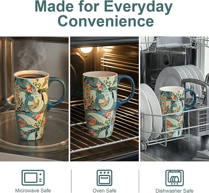 Topadorn 17oz Ceramic Travel Mug with Lid, Art Nouveau Floral Coffee Mug | Vintage Blue Botanical Latte Cup, Microwave & Dishwasher Safe Gift Mug for Home Office Commute - Image 3