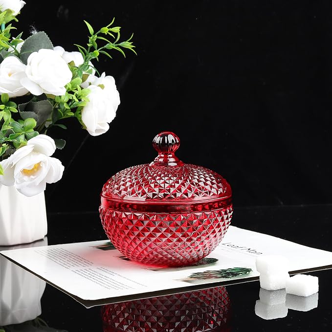 Joeyan 12 oz Small Red Glass Jewelry Box Jars with Lid,Embossed Glass Candy Dishes,Diamond Faceted Food Container,Decorative Apothecary Canisters,Colored Kitchen Bathroom Buffet Storage Organizer - Image 6