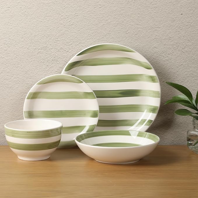 Gibson Home Kenwood Shores 16 Piece Dinnerware Set, Green Striped, Hand-Painted Stoneware, Plates and Bowls, Service for 4, Microwave & Dishwasher Safe - Image 6