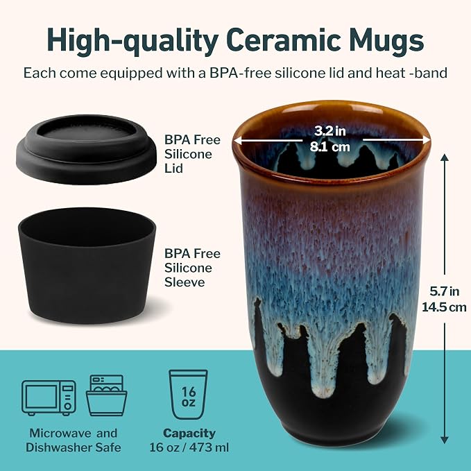 NOVA CERAMICS Coffee Tumbler – Travel Mug - On the Go Coffee Mug – Microwave & Dishwasher Safe Green Coffee Tumbler - Gifts For Women Men Him Her – 16oz – Monsoon - Image 3