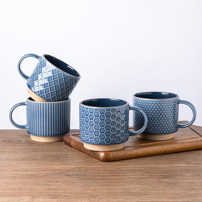 GBhome 15 OZ Stackable Coffee Mugs Set of 4, Ceramic Coffee Cups Set | 4 Assorted Designs, Embossed Mugs with Texture Patterns for Tea/Coffee, Dishwasher&Microwave Safe, Blue by GBhome