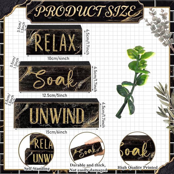 Moucuny 4 Pcs Black and Gold Bathroom Shelf Decor Sign Farmhouse Bathroom Decor and Accessories Rustic Eucalyptus Leaves Block Sign Gift Relax Soak Unwind Farmhouse Table Centerpiece for Home Toilet - Image 2