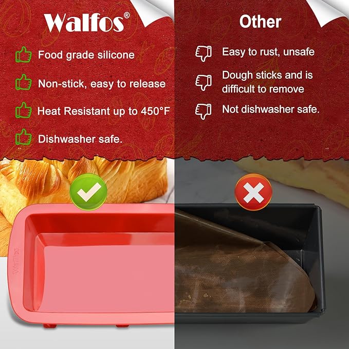 Walfos Silicone Loaf Pan 1 pcs Pieces (9x5x2.5inch) Non-Stick Silicone large loaf pan, Just Pop Out ! Perfect for Bread, Cake, Brownies, Meatloaf, Dishwasher Safe
