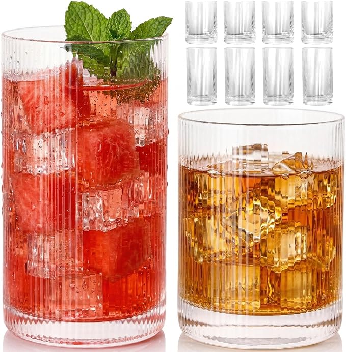JOVGANK Drinking Glasses Set of 8 – Lead-Free Crystal Glassware, 4 Tall 15oz & 4 Short 10oz Vintage Ribbed Tumbler Glasses, Dishwasher Safe, for Juice Beer Cocktails, Great Housewarming Gift, Set A by JOVGANK
