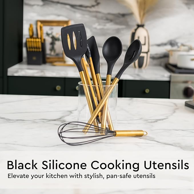 Black and Gold Kitchen Utensils Set - 19-PC Set Includes Stainless Steel and Silicone Cooking Utensils, Measuring Cups and Spoons - Black and Gold Kitchen Accessories for Stylish Cooking & Serving | Silicone Cooking Utensils, Measuring Cups and Spoons ... - Image 4