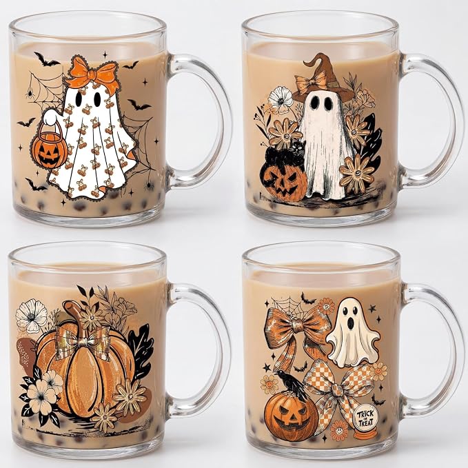 Tioncy 4 Pcs Halloween Ghost Coffee Mugs 12 oz Pumpkin Glass Cups with Handle Orange Bow Coffee Cup Horror Gifts Drinking Containers for Halloween Holiday Party by Tioncy