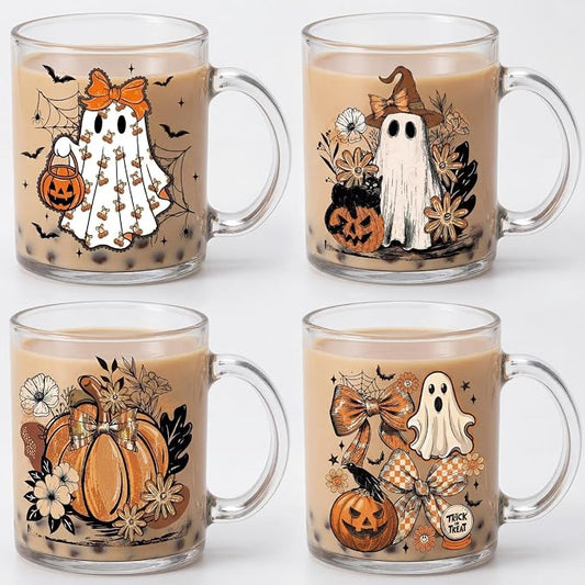 Tioncy 4 Pcs Halloween Ghost Coffee Mugs 12 oz Pumpkin Glass Cups with Handle Orange Bow Coffee Cup Horror Gifts Drinking Containers for Halloween Holiday Party by Tioncy