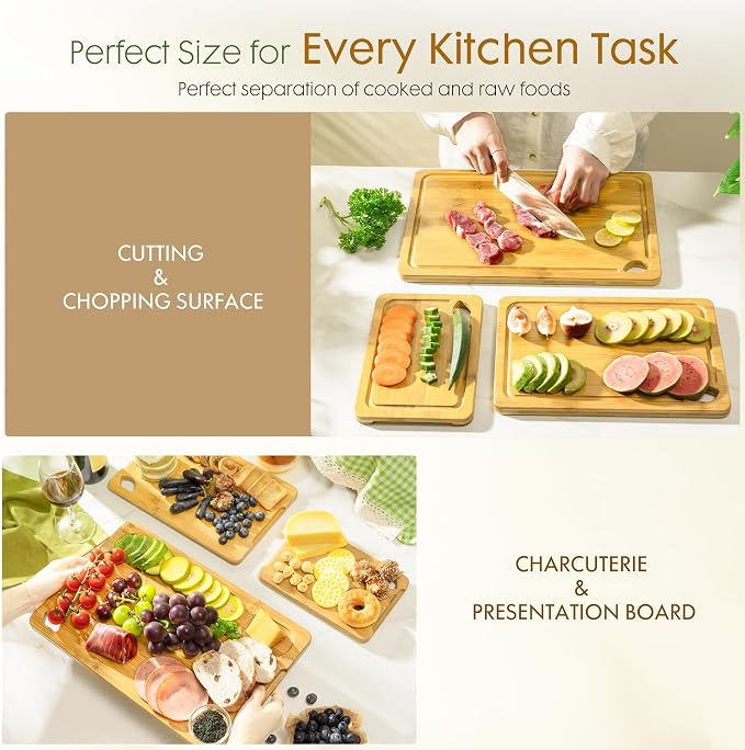 Astercook Nature Bamboo Cutting Boards for Kitchen with Wood Storage Stand, Reversible Charcuterie & Chopping Boards with Juice Grooves and Easy-Grip Handles - Image 2