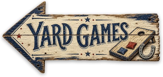 Yard Games Left-Pointing Arrow Sign | barnwood look, rustic, durable print, ready to hang by MRC+Wood+Products