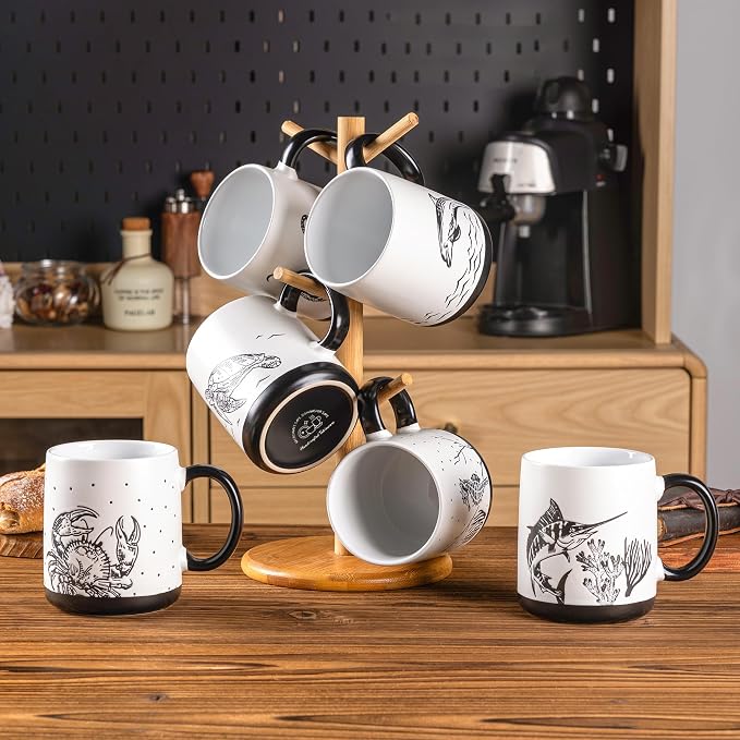 AmorArc Large Coffee Mugs Set of 6, 18oz Ceramic Coffee Cups with Sea Life Textured Patterns for Tea Latte Cocoa. Easy to Hold&Clean, Dishwasher&Microwave Safe, Matte - Image 7