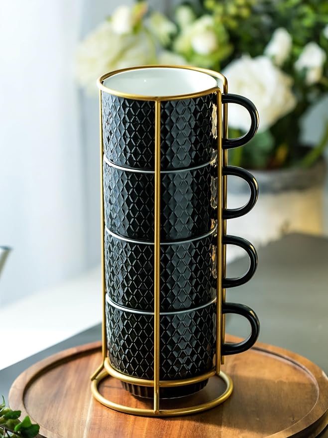 LYEOBOH Stackable Coffee Mugs Set of 4 with Rack & Spoons Coffee Mug Set 13 OZ., Ceramic Embossed Grinding Demitasse Cups Set Cappuccino Cup Halloween for Coffee, Latte, Macchiato, Espresso, Black - Image 4