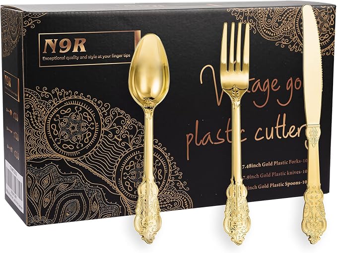 N9R 300pcs Gold Plastic Silverware Dinnerware Flatware- Heavyweight Plastic Cutlery Set, 100 Forks, 100 Spoons, 100 Knives, Gold Utensils for Party, Thanksgiving, Christmas | 100 Fancy Forks, Spoons, Knives, Heavy Duty, BPA-Free, for Party, Weddings, B... by N9RTABLEWARE
