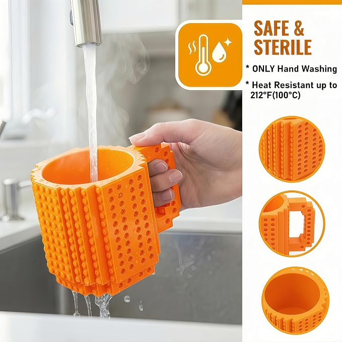 Lumsburry Build-on Brick Coffee Mug, Funny DIY Unique Novelty Drinking Cup | Building Blocks Creative Mug, for Men Women Kids Dad Mom, Present Exchange Ideas, Xmas Birthday White Elephant(Orange) - Image 3