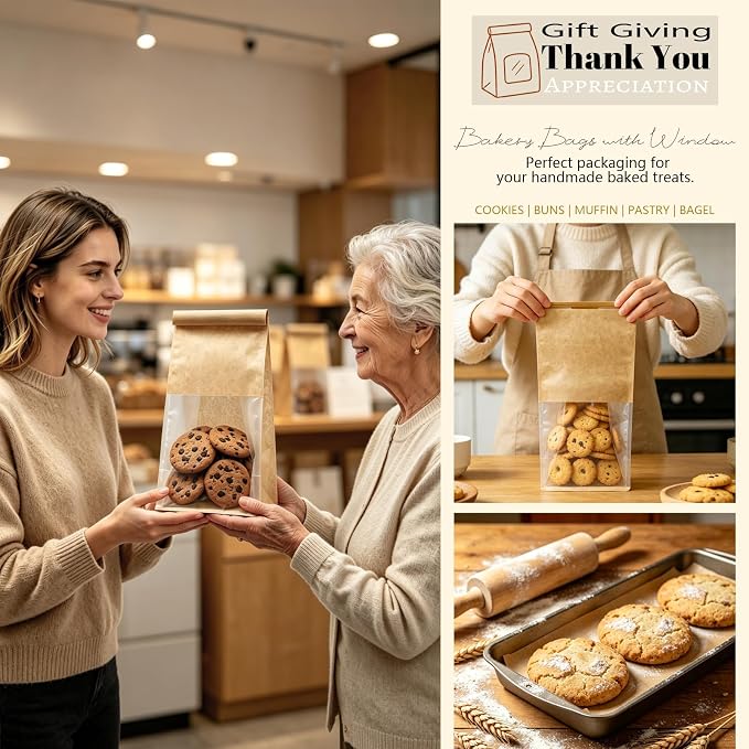 Cookie Bakery Bags with Window Small Bread Baked Goods Packaging Tin Tie Tab Closure for Candies, Treats, Snack - Brown Kraft Paper 45 Pcs 11x5.1x3.9 Inch - Image 7