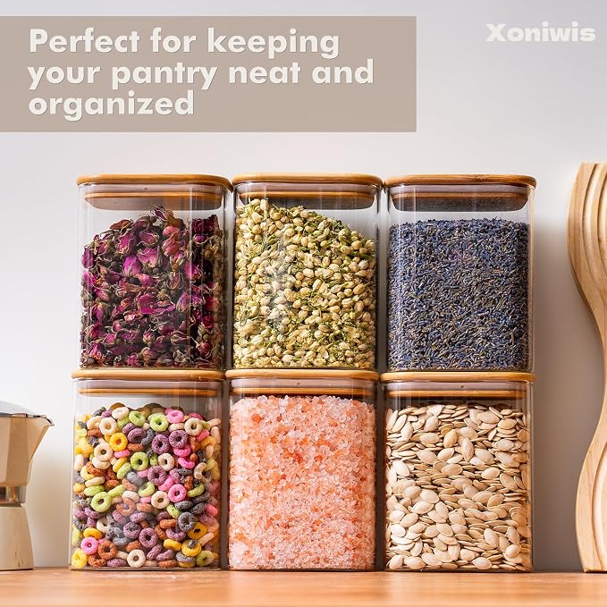 6-Pack 1.2Qt Square Glass Storage Jars with Bamboo Lids | Minimalist Kitchen Organizer,Pantry Storage Container,Food Storage Container,Scandinavian Style Storage,Nordic Style Storage - Image 8