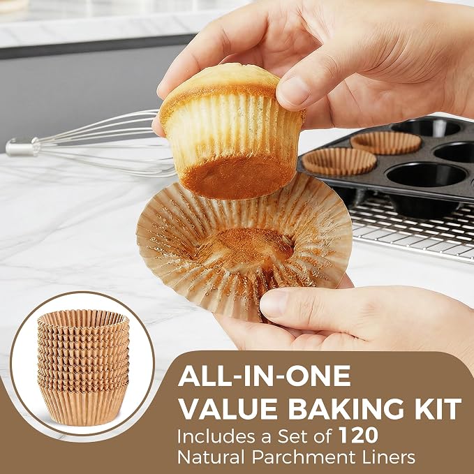 Muffin Pans with 120 Natural Parchment Liners, Nonstick Cupcake Baking Tray for Oven, Premium Standard Size, 12 Cup, 2 Pack, Dark Grey - Image 3