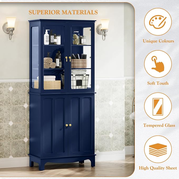 72" Tall Kitchen Pantry Cabinet with Glass Door and Adjustable Shelves, Vintage Food Storage Cabinet for Kitchen, Dining Room, Living Room, Dark Blue - Image 5