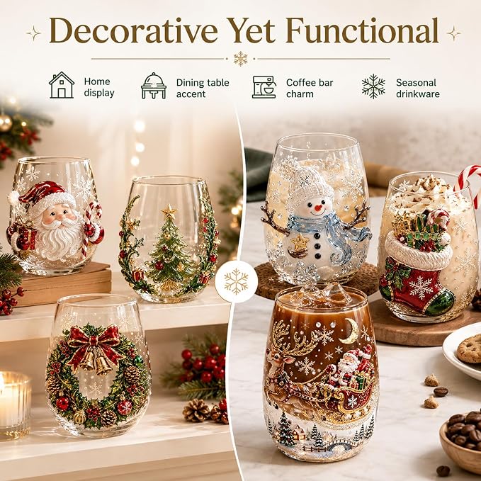 Christmas 3D Stemless Glass Cup Snowman 14oz Holiday Tumbler，C | Hand Painted Design, Festive Table Decor, Holiday Party Use, Collectible Glassware, 3D Ornament Detail - Image 4