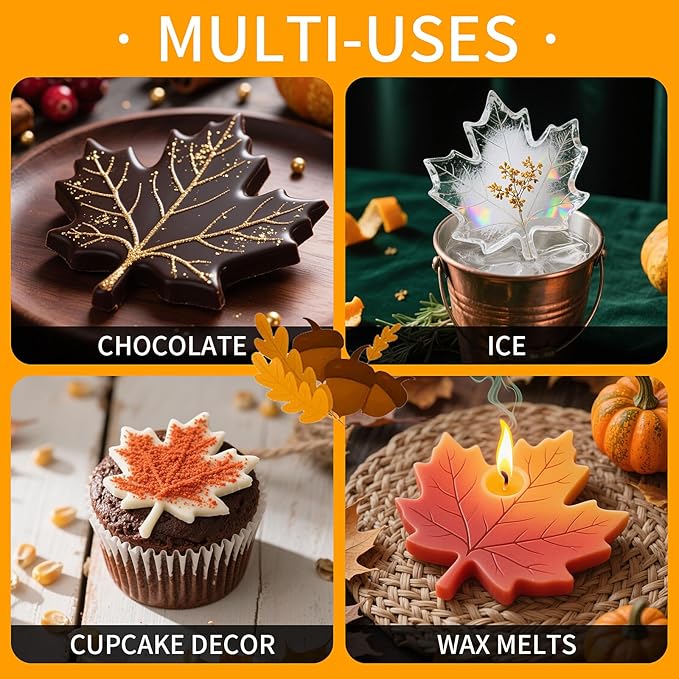 Leaf Silicone Mold 3 Pack Maple Leaf Molds for Chocolate Candy, Ice Cube, Jello, Wax, Autumn Theme Cake Cupcake Decor, Perfect for Thanksgiving, Fall Harvest Party