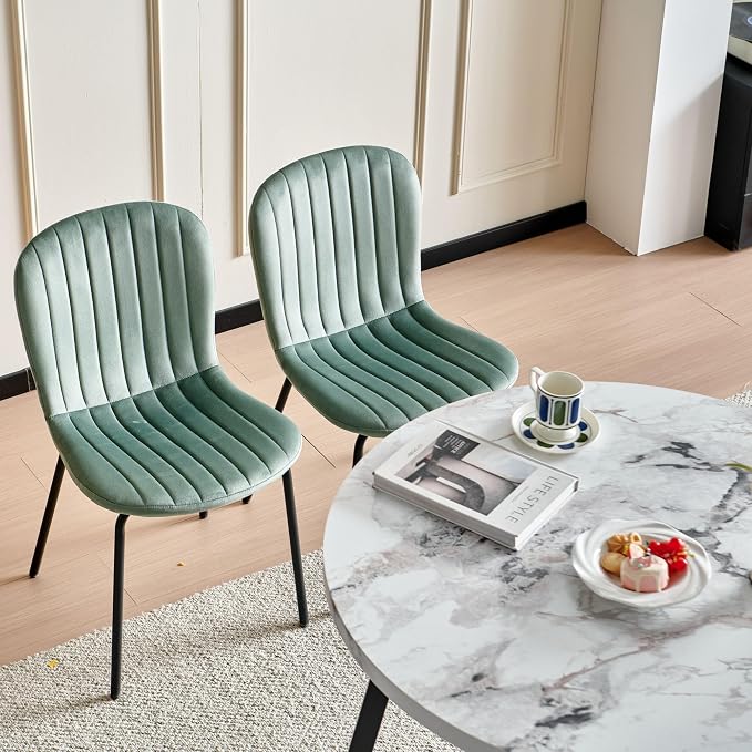 Small Round Dining Table Set for 4 People, 37" Modern Kitchen Table | 5-Piece Set, Faux White Marble MDF table, 4 Green Velvet Chairs, Easy Assembly, Space-saving, Fits Small Dining Room - Image 7