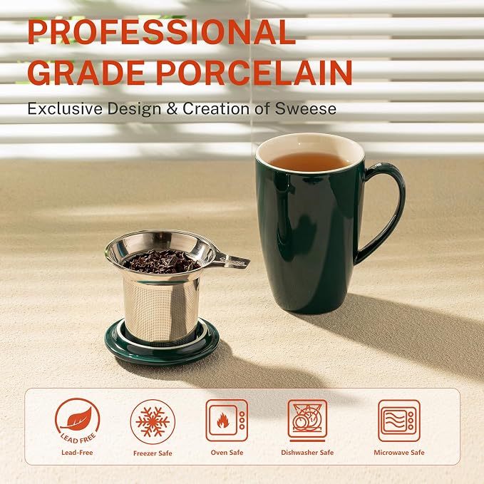 Sweese 15 OZ Porcelain Tea Mug with Infuser and Lid, Loose Leaf Tea Cup, Gifts for Tea Lover, Dark Green - Image 3