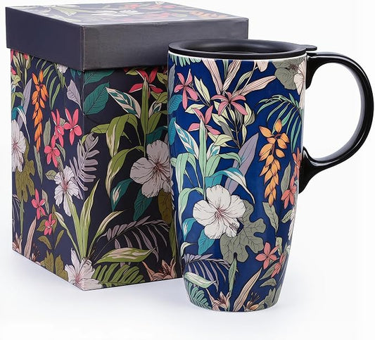 Topadorn 17oz Ceramic Travel Mug with Lid, Tropical Botanical Coffee Mug with Handle, Floral Ceramic Coffee Cup, Microwave & Dishwasher Safe, Gift Box Included by Topadorn