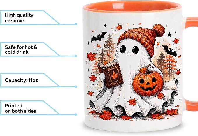 Hyturtle Fall Ghost Coffee Mug with Spoon Gifts for Book Lover on Halloween | Spooky Reading Themed Gifts for Readers, Fall Halloween Decor, Double-sided print 11oz ceramic mug, Comfort grip handle - Image 6