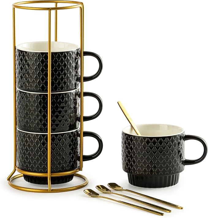 Gomakren Coffee Mugs Set of 4, 13oz Stackable Coffee Cups with Stand, Black | Gloss Embossed Stoneware, Gold Rack & Spoons | for Coffee, Milk, Tea, Cocoa, Daily & Gifting Use | Microwave/Dishwasher Safe by Gomakren