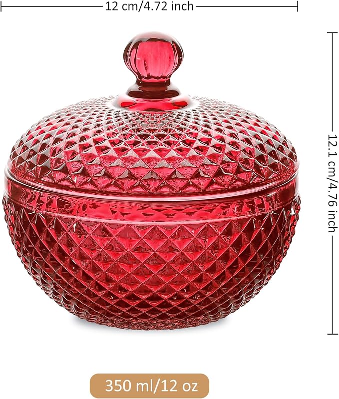 Joeyan 12 oz Small Red Glass Jewelry Box Jars with Lid,Embossed Glass Candy Dishes,Diamond Faceted Food Container,Decorative Apothecary Canisters,Colored Kitchen Bathroom Buffet Storage Organizer - Image 7