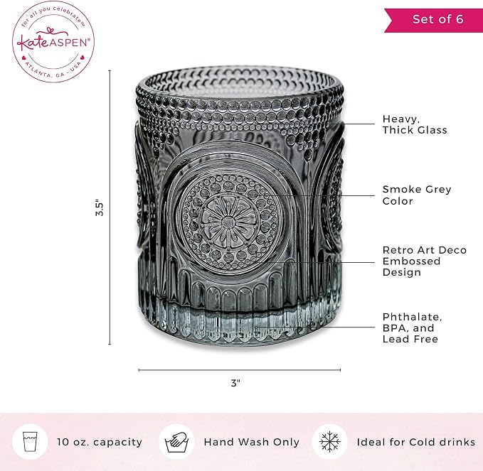 Ribbed Retro Arch Floral Smoke Grey Drinking Glasses Set of 6, (10 oz) Vintage Glassware Set by Kate Aspen| Cocktail Glass Set, Juice Glass, Water Cups | Hostess Gift & Present for New Home Owners - Image 6