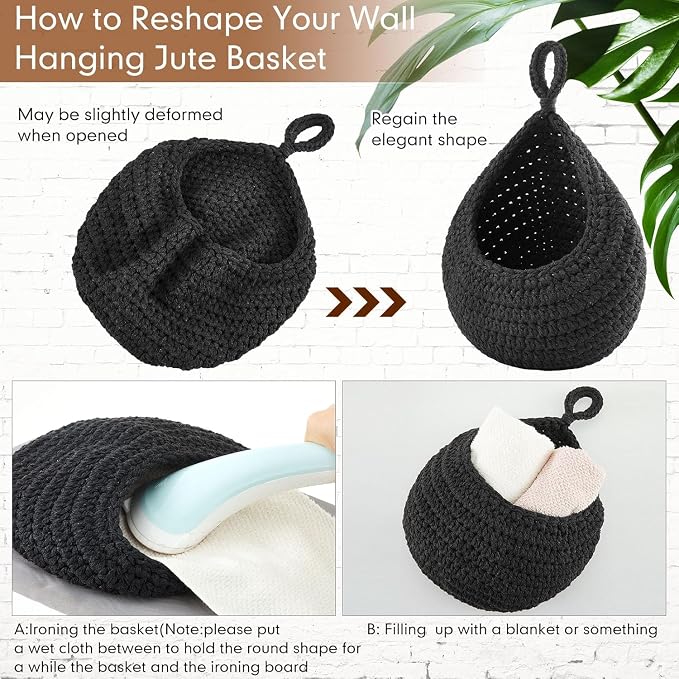 Honeydak Boho Decor Hanging Wall Baskets for Kitchen 3 Pack Teardrop Baskets with Hooks Storage Fruit Onion Vegetable Potato for Home 3 Sizes(Black,Teardrop,Cotton Rope) - Image 5