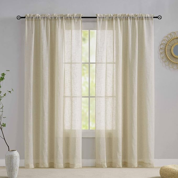 Home Brilliant Natural Linen Curtains for Living Room Rustic Semi Sheer Window Curtain Panels for Bedroom, 54 x 96 inch Long, Beige, Set of 2 by HomeBrilliant