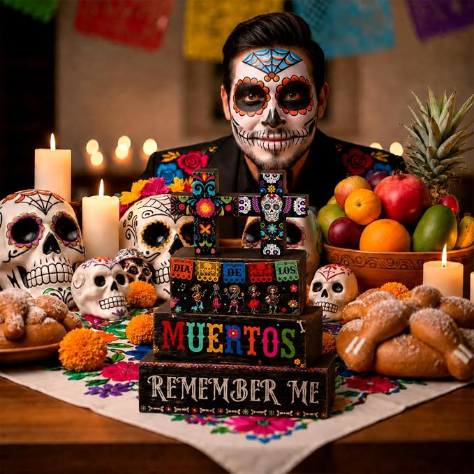 Moucuny 4 Pcs Day of the Dead Table Decorations Day of the Dead Cross Centerpiece for Table Dia De Los Muertos Tiered Tray Decor Wood Sugar Skull Block Signs for Halloween Party Home Shelf Decoration - Image 3