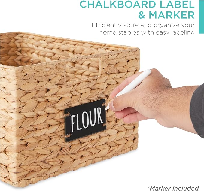 Best Choice Products Pantry Baskets Set of 2 16x12in Water Hyacinth Storage Baskets, Woven Wicker Kitchen Organizers with handles w/Chalkboard Label Chalk Marker - Natural - Image 2