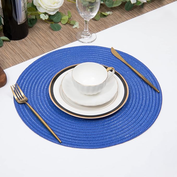 SHACOS Round Placemats Set of 6 Washable 15 inch Round Table Mats Cotton Polyester Woven Braided Place Mats for Dining Table (Blue, 6) - Image 8