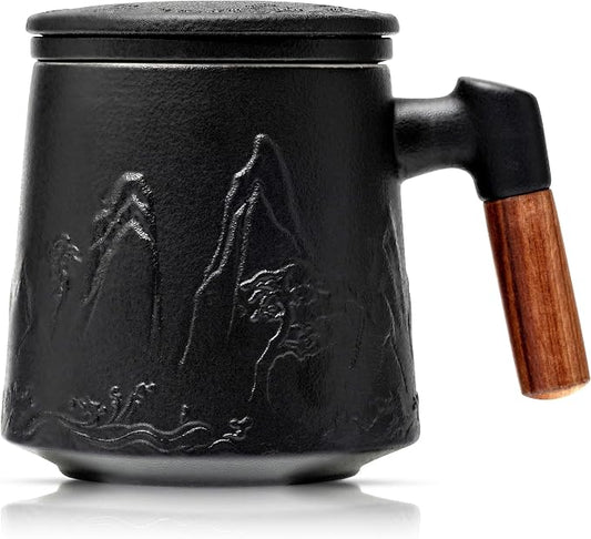 suyika Ceramic Tea Cup with Infuser and Lid, Gradient Embossed Large Tea Mug Wooden Handle for Steeping Loose Leaf, Tea Lover Gifts 15.2 oz / 450 ml,Matte Black by suyika