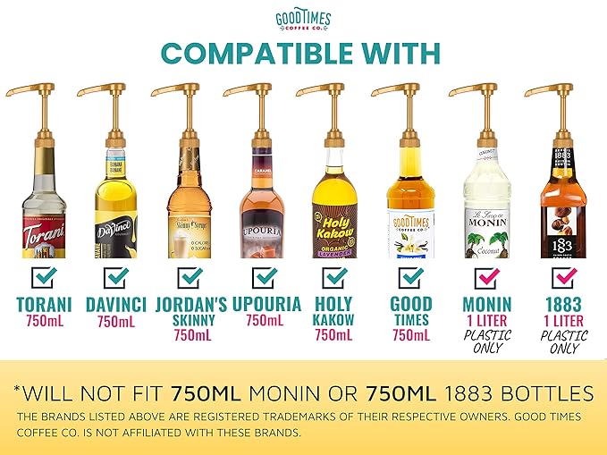 Gold Coffee Syrup Pump for 750 ml Bottles (Pack of 6) Fits Upouria, Torani, DaVinci, Jordans Skinny Syrups, and (Monin 1 Liter Plastic Bottles Only)