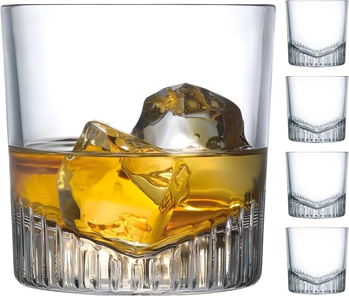 NUDE Whiskey Glasses Set of 4 – Caldera 11 oz Lead-Free Crystal Old Fashioned Rocks Glasses for Whisky, Scotch & Bourbon – V-Shape Motif Base, Dishwasher Safe Barware by NUDEGlass