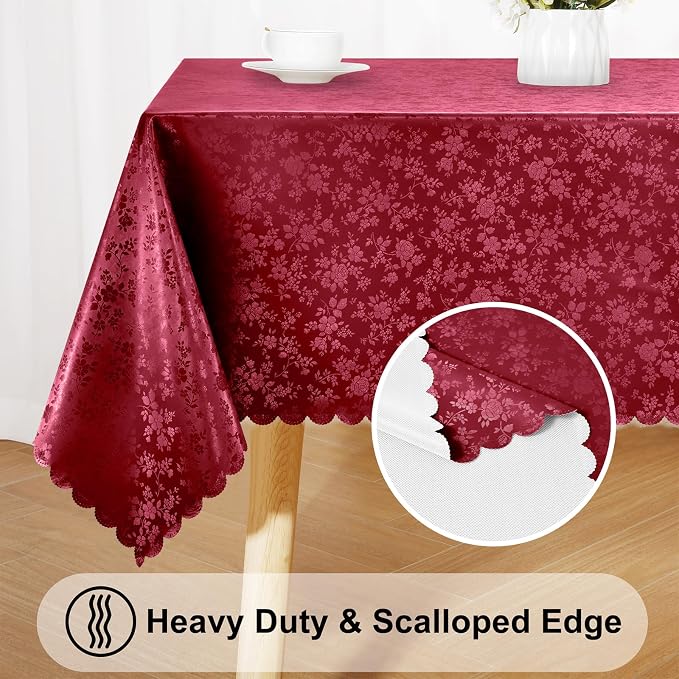 smiry Waterproof Vinyl Tablecloth, Rectangle Heavy Duty Table Cloth, Wipeable Table Cover for Kitchen and Dining Room (Red, 60X102 Inch) | Wipeable Washable Floral Embossed Table Cover for Kitchen and Dining Room, Indoor & Outdoor Use, Wine Red - Image 6